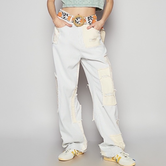 New POL Contrasting Distressed Relaxed Fit Pants Boho Pants Lightweight Jeans - Picture 1 of 6